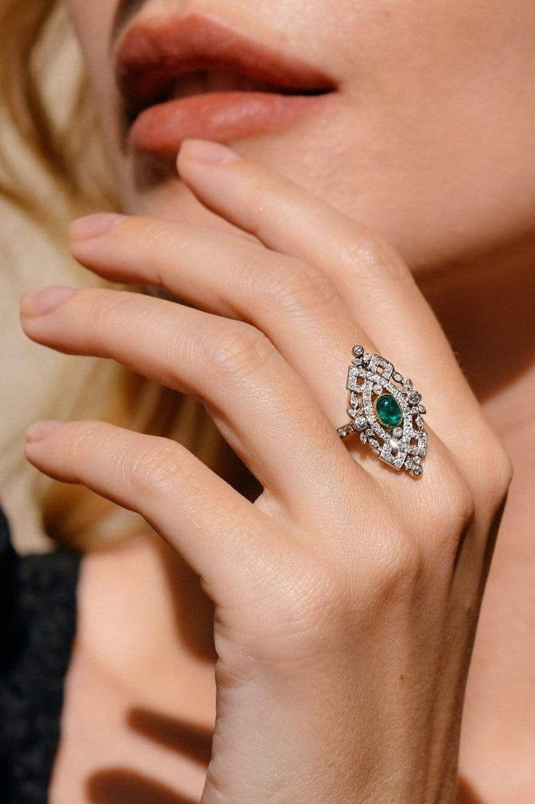Late Edwardian .50 Carat Cabochon Emerald and Diamond Navette, France