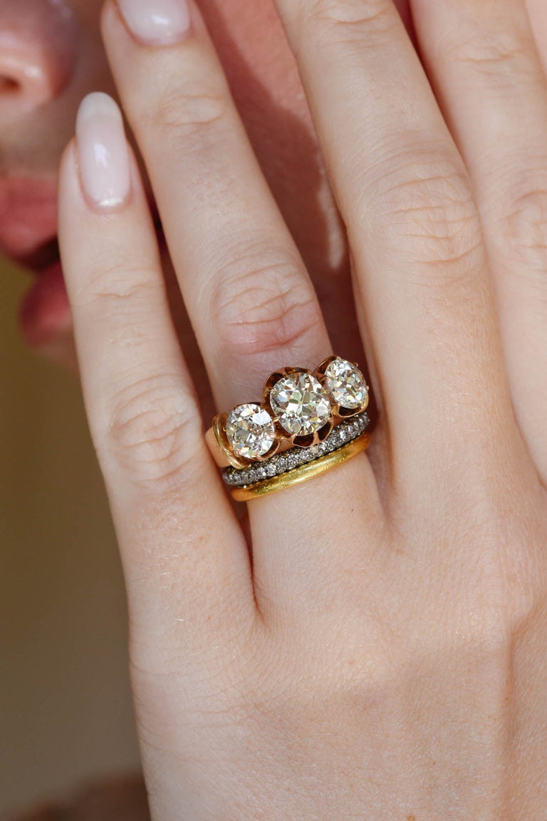 Late Victorian 1.66 Carat Old Mine Cushion Cut Three Stone Antique Diamond Engagement Ring