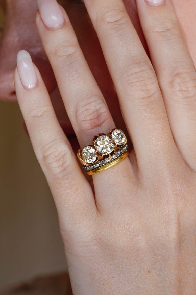 Late Victorian 1.66 Carat Old Mine Cushion Cut Three Stone Antique Diamond Engagement Ring