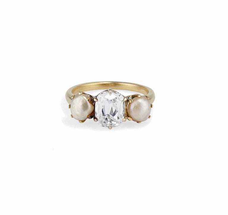 Late Victorian 2.03 Carat Old Mine Cushion Cut Diamond & Natural Pearl Ring