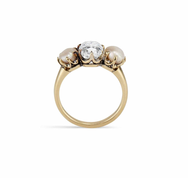 Late Victorian 2.03 Carat Old Mine Cushion Cut Diamond & Natural Pearl Ring