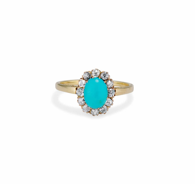 Late Victorian .90 Turquoise Cabochon and Diamond Cluster Ring