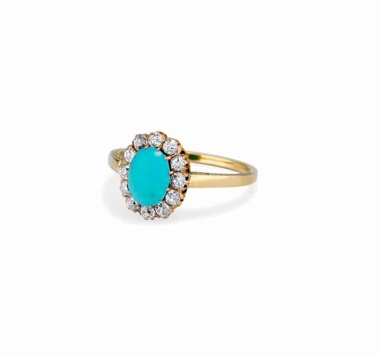 Late Victorian .90 Turquoise Cabochon and Diamond Cluster Ring