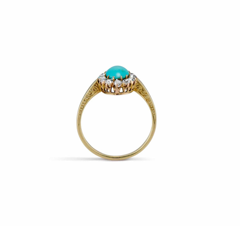 Late Victorian .90 Turquoise Cabochon and Diamond Cluster Ring