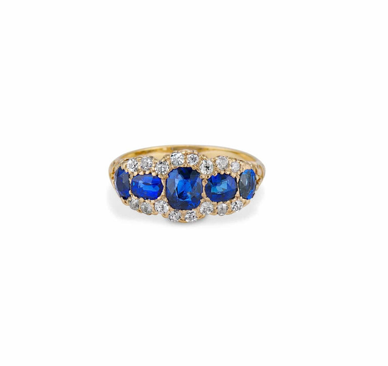 Late Victorian Cushion-Cut Sapphire and Diamond & Gold 5-Stone Ring