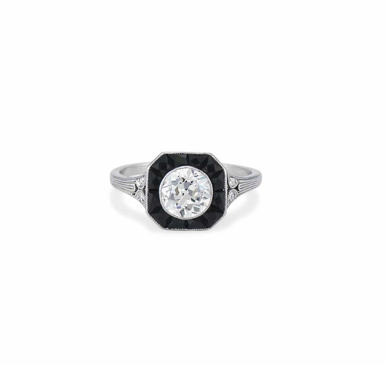 Marcus & Co. Art Deco Onyx and .98 Carat Old European Diamond Engagement Ring