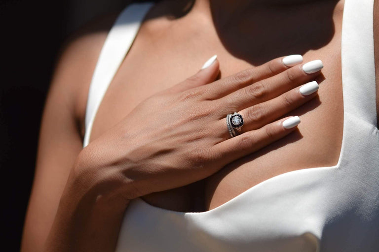 Marcus & Co. Art Deco Onyx and .98 Carat Old European Diamond Engagement Ring