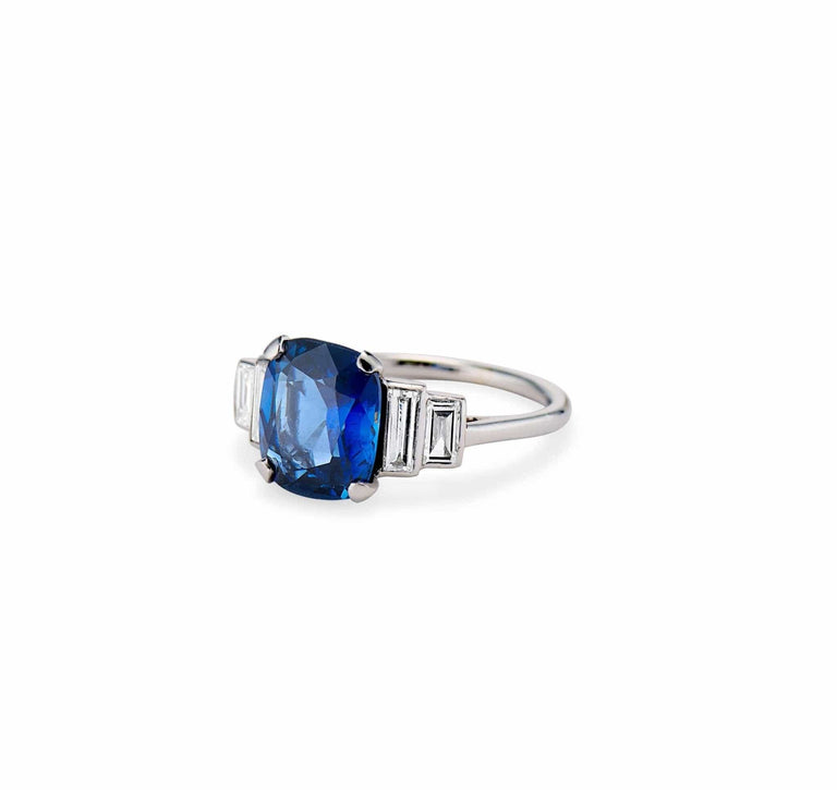 Mid-Century 3.40 Carat Cushion-Cut Sapphire and Diamond Ring, France