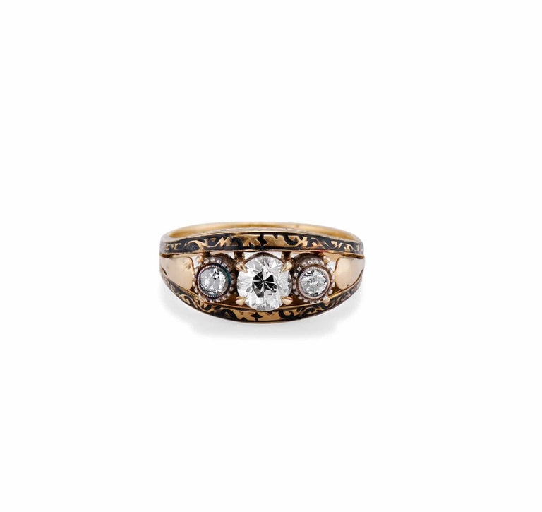 Mid-Century .46 Carat Old European Diamond Three-Stone Enamel Ring, Portugal