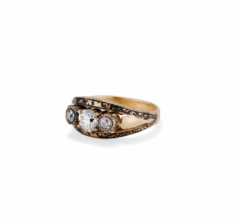 Mid-Century .46 Carat Old European Diamond Three-Stone Enamel Ring, Portugal