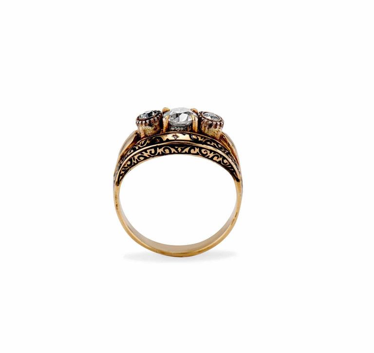 Mid-Century .46 Carat Old European Diamond Three-Stone Enamel Ring, Portugal