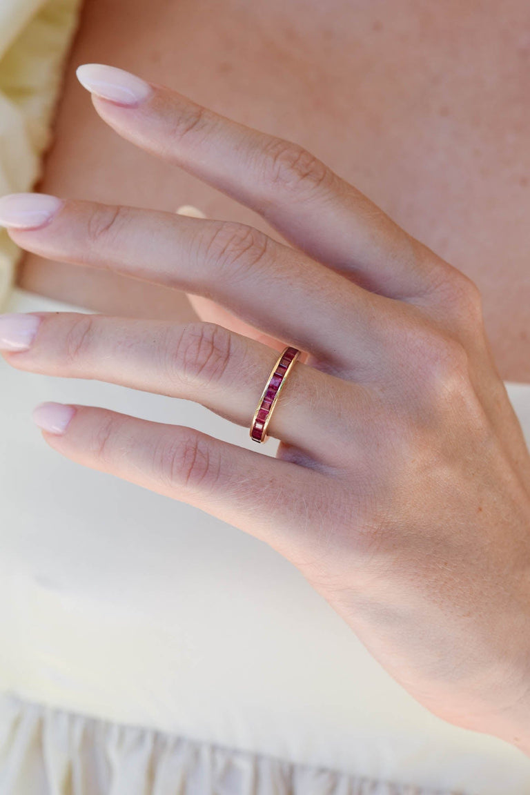 Mid Century Carré Cut Ruby Eternity Band