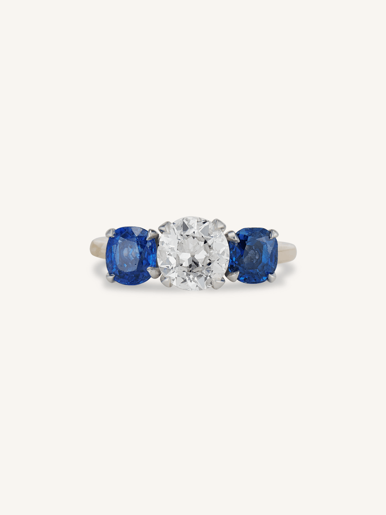 Mid Century Old European Cut Diamond & Sapphire Three Stone Vintage Engagement Ring