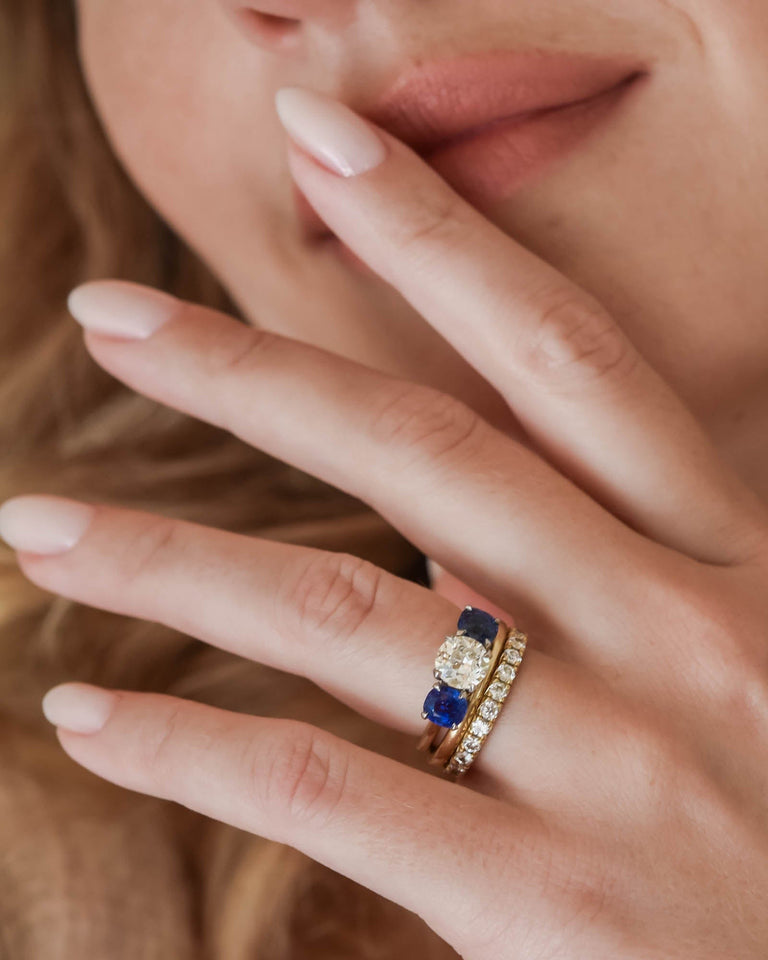 Mid Century Old European Cut Diamond & Sapphire Three Stone Vintage Engagement Ring