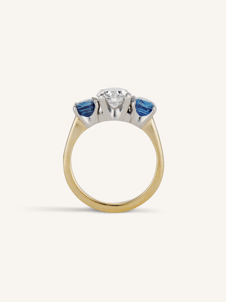 Mid Century Old European Cut Diamond & Sapphire Three Stone Vintage Engagement Ring
