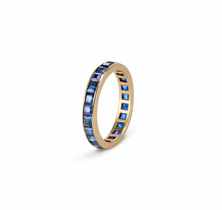 Mid Century Square Cut Sapphire & Gold Eternity Band