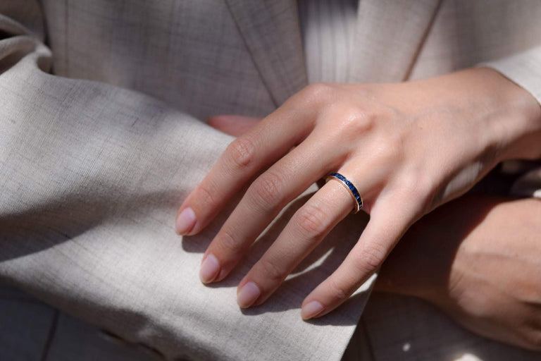 Mid Century Square Cut Sapphire & Gold Eternity Band