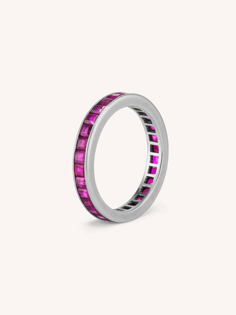 Midcentury Carré Cut Ruby Eternity Band