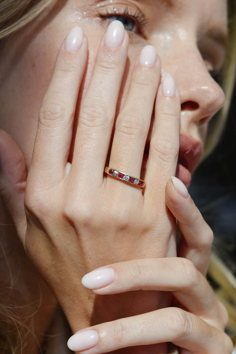 Midcentury Ruby & Diamond Half Band Size 7