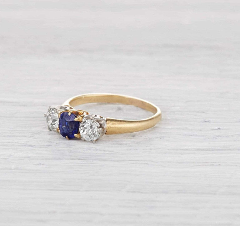 One Carat Edwardian Diamond and Sapphire Three Stone Ring