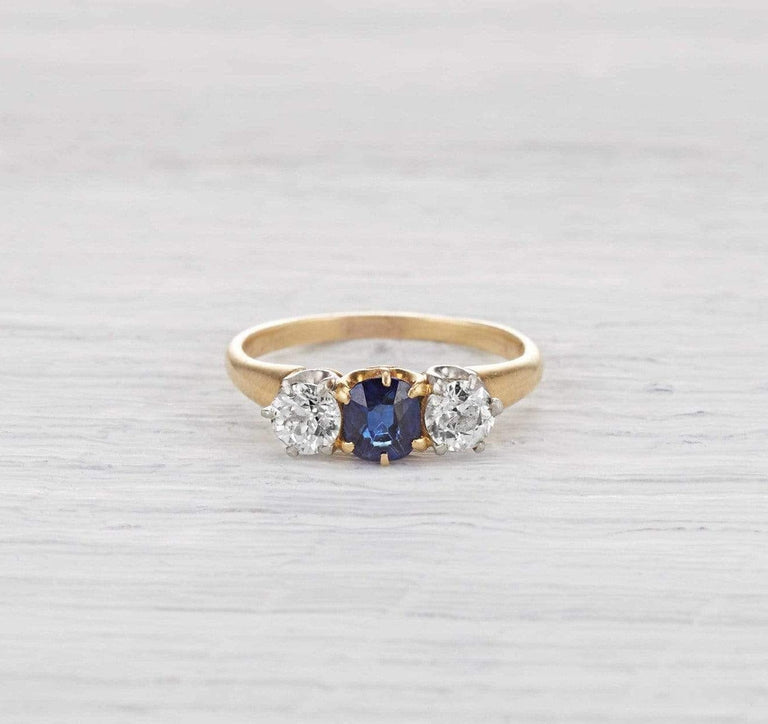 One Carat Edwardian Diamond and Sapphire Three Stone Ring