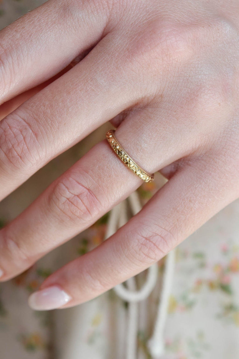 Orange Blossom Floral Engraved 14K Yellow Gold Vintage Wedding Band