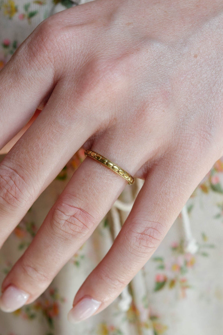 Orange Blossom Floral Engraved 14K Yellow Gold Vintage Wedding Band