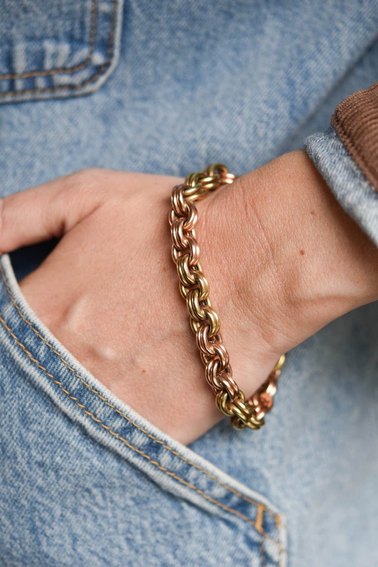 Retro 14K Pink and Green Gold Double Link Unisex Bracelet | 1940s