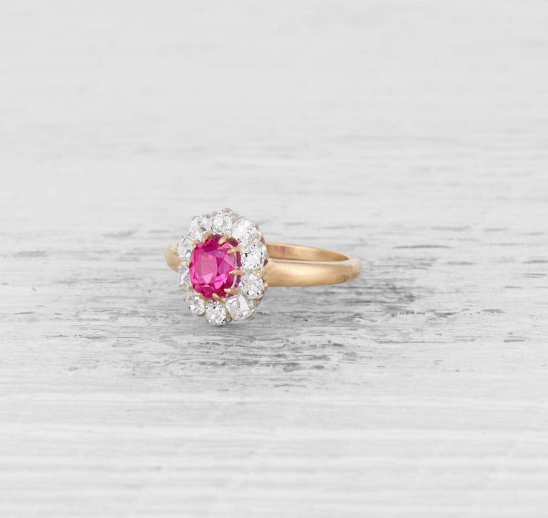 RUBY AND DIAMOND ANTIQUE CLUSTER ENGAGEMENT RING