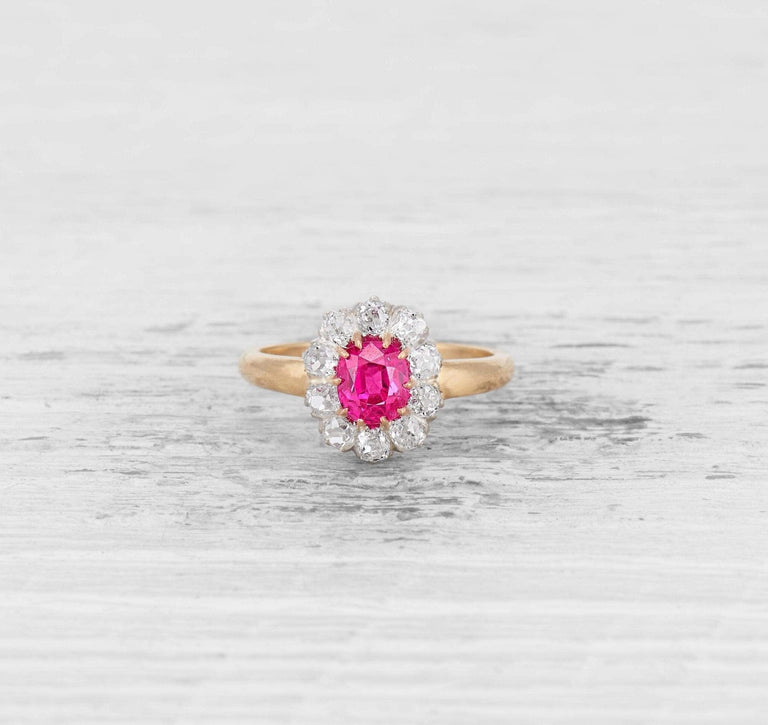 RUBY AND DIAMOND ANTIQUE CLUSTER ENGAGEMENT RING