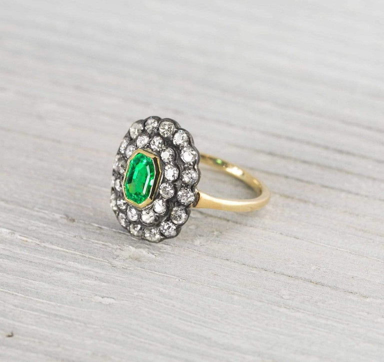 Silver on Gold Emerald & Diamond Engagement Ring