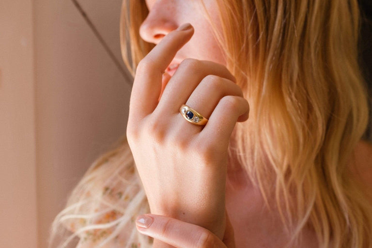 THREE STONE SAPPHIRE AND DIAMOND GYPSY RING