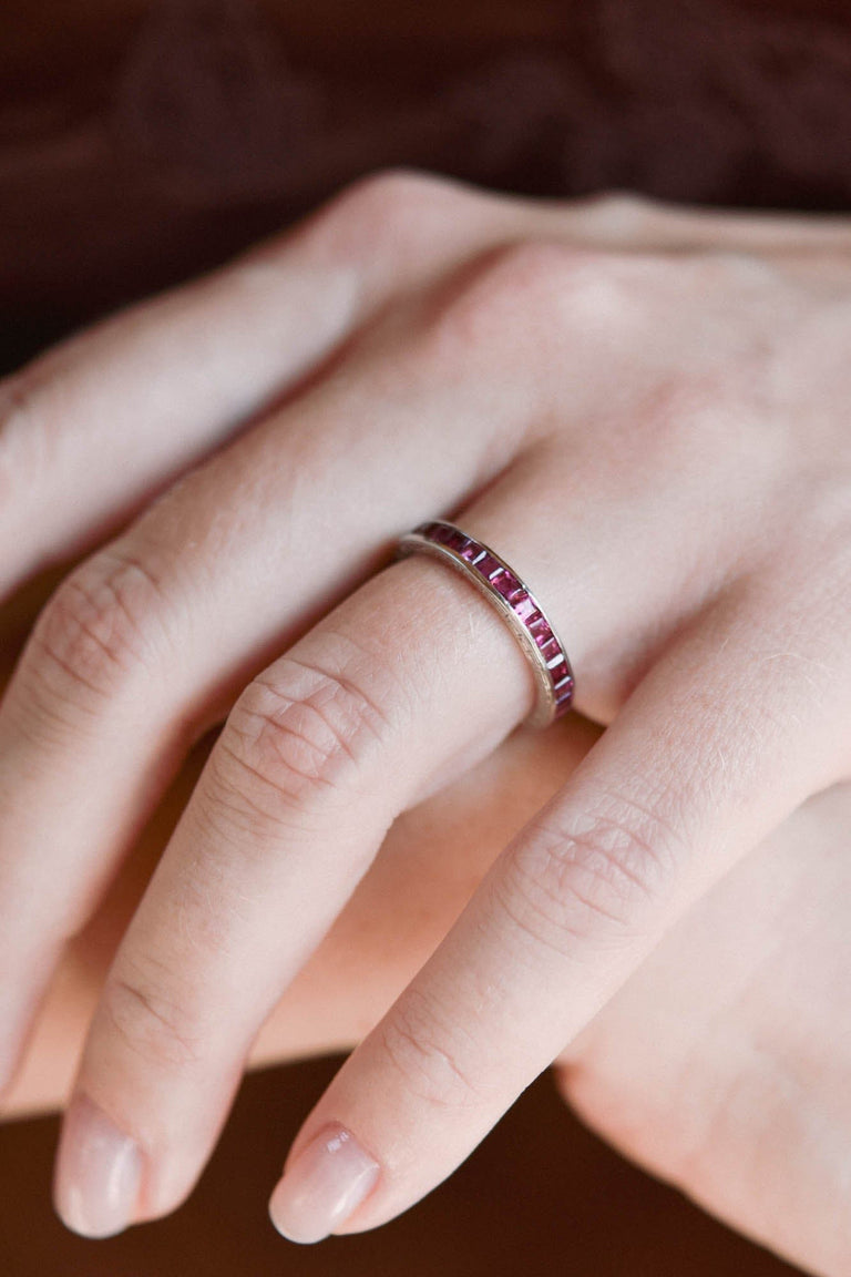 Tiffany & Co. Mid-Century Carré Cut Ruby & Platinum Eternity Band - Size 6