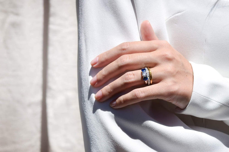 Tiffany & Co. Mid-Century Diamond and Sapphire Three-Stone Ring, American