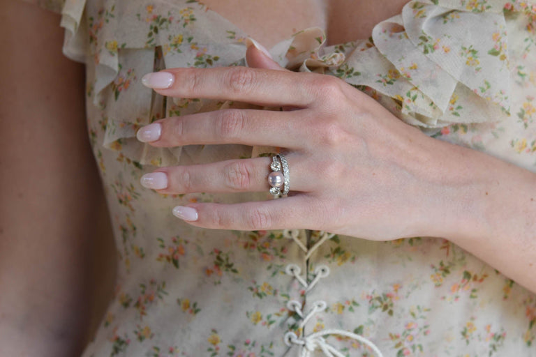 Tiffany & Co. Pearl & Diamond Three Stone Vintage Engagement Ring