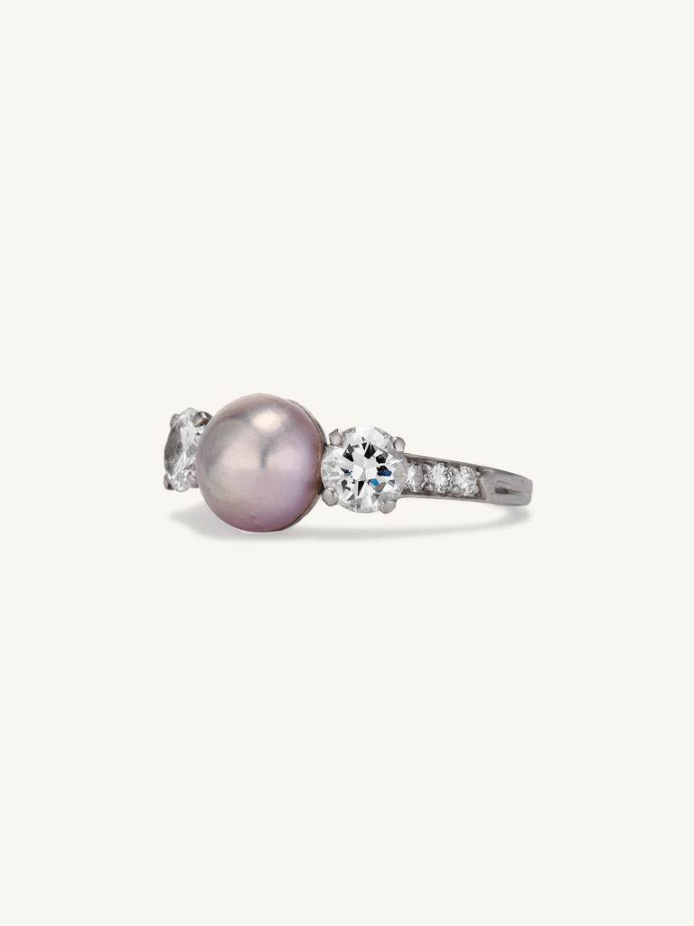 Tiffany & Co. Pearl & Diamond Three Stone Vintage Engagement Ring