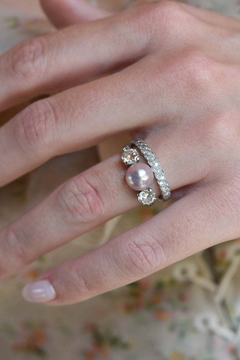Tiffany & Co. Pearl & Diamond Three Stone Vintage Engagement Ring