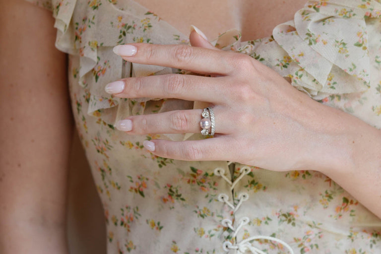 Tiffany & Co. Pearl & Diamond Three Stone Vintage Engagement Ring