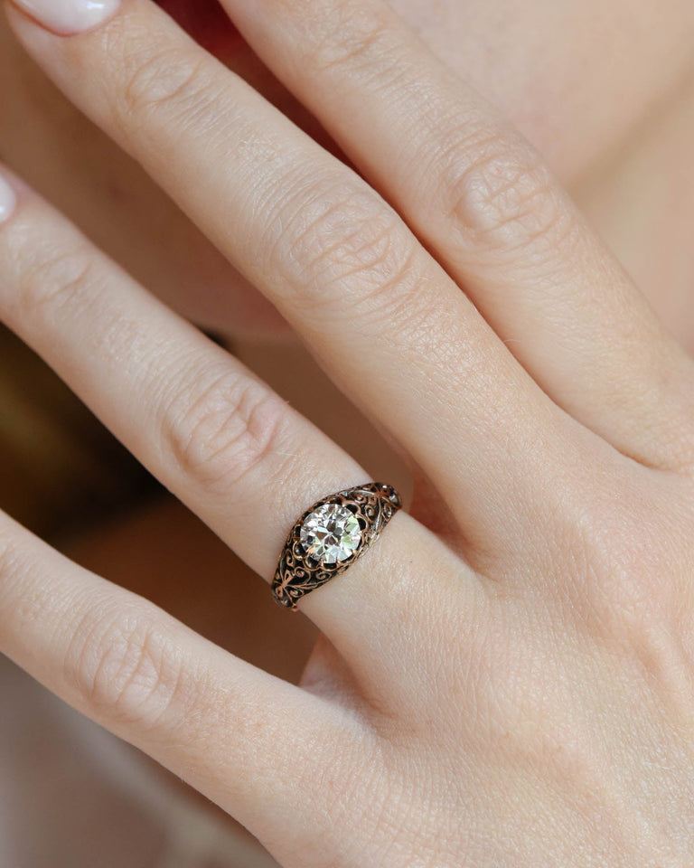 Victorian 1.02 Carat Old European Cut Diamond Engraved Engagement Ring