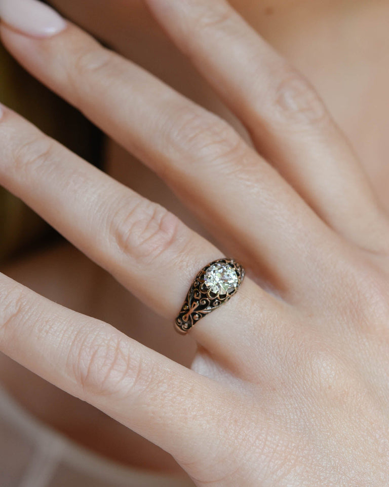 Victorian 1.02 Carat Old European Cut Diamond Engraved Engagement Ring