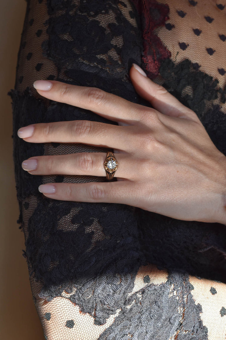 Victorian 1.11 Carat Old European Cut Diamond & Enamel Belcher Antique Engagement Ring