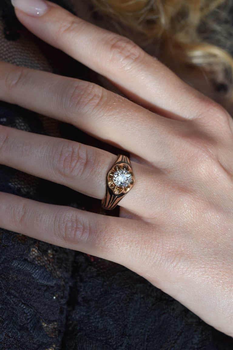 Victorian 1.11 Carat Old European Cut Diamond & Enamel Belcher Antique Engagement Ring