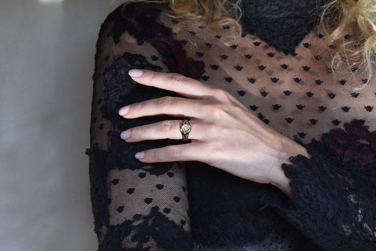 Victorian 1.11 Carat Old European Cut Diamond & Enamel Belcher Antique Engagement Ring