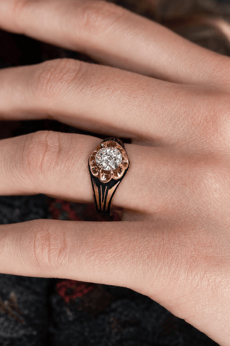 Victorian 1.07 Carat Old European Cut Diamond & Enamel Belcher Antique Engagement Ring