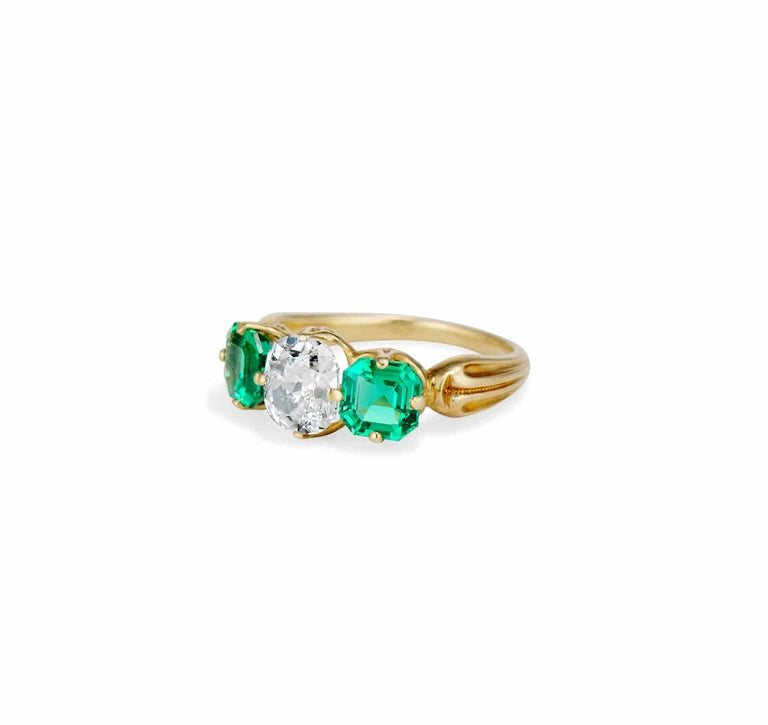 Victorian 1.16 Carat Cushion Cut Diamond and Emerald Engagement Ring