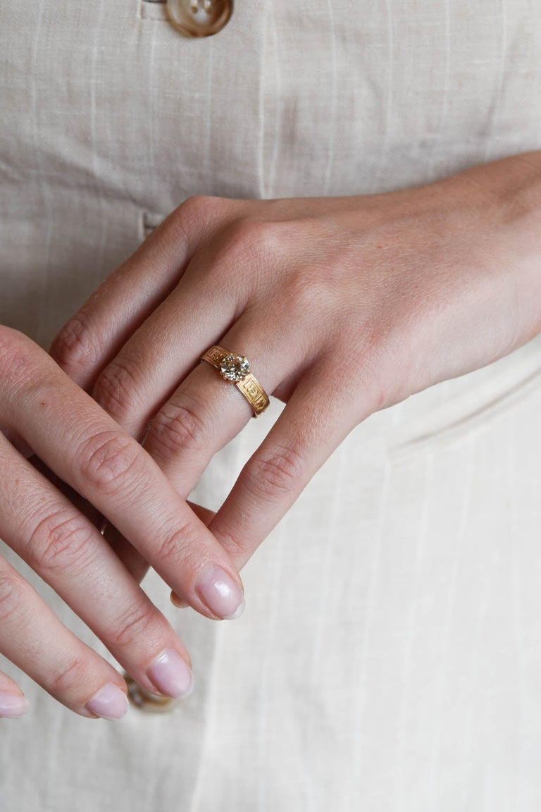 Victorian 1.28 Old European Cut Diamond Engraved Ring