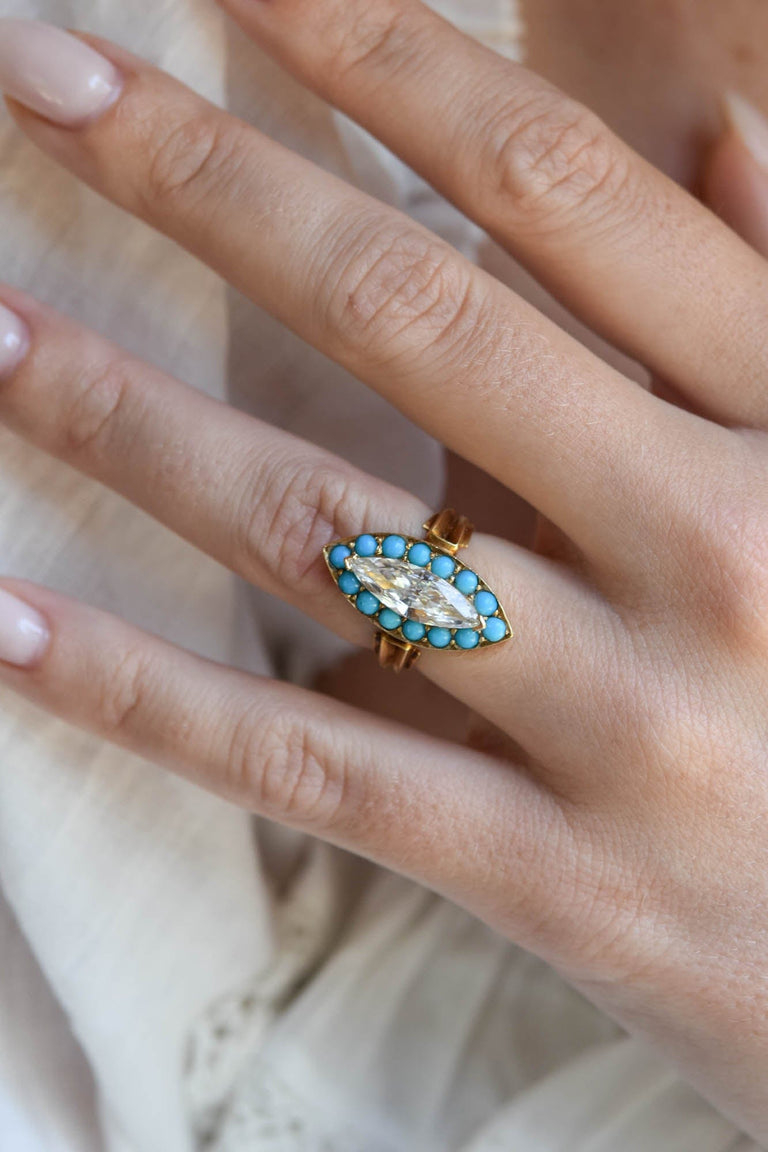 Victorian 1.31 Marquise Cut Diamond & Turquoise Navette Engagement Ring