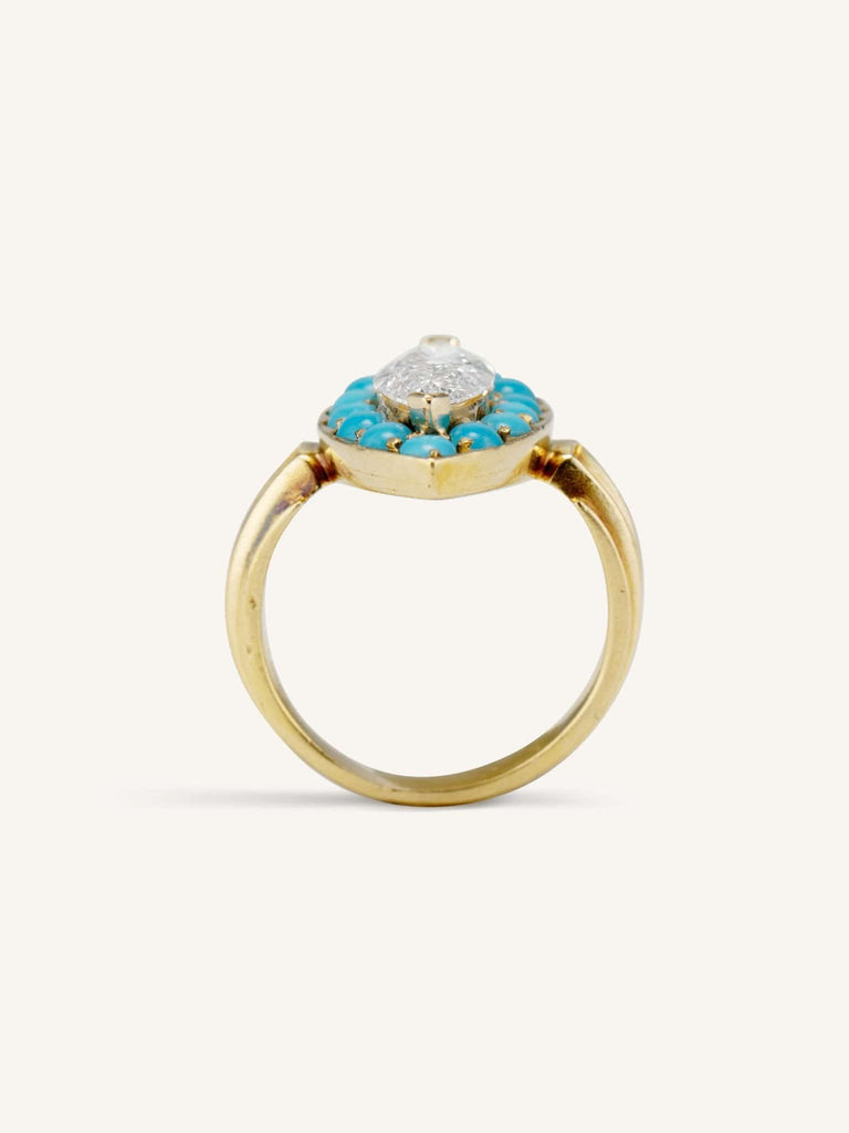 Victorian 1.31 Marquise Cut Diamond & Turquoise Navette Engagement Ring