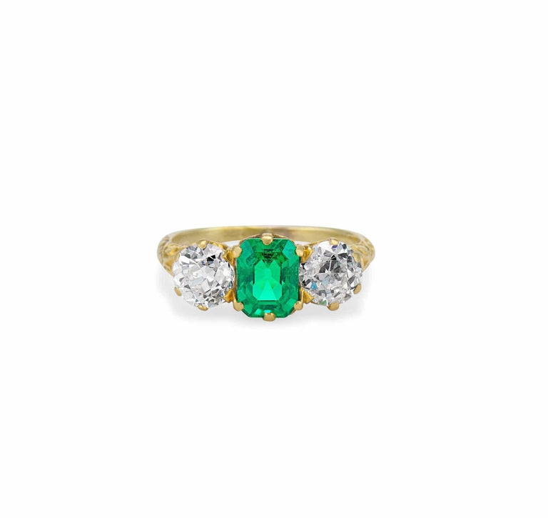 Victorian 1.48 Carat Colombian Emerald & Diamond Three Stone Carved Ring