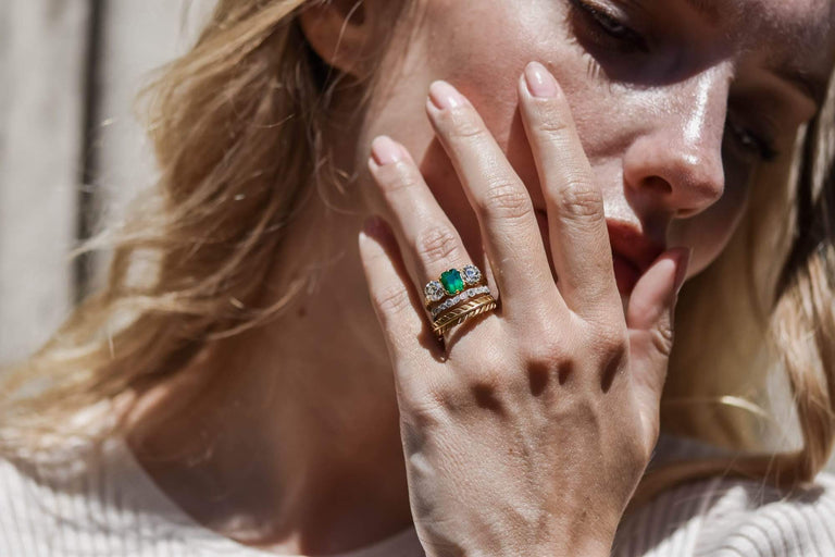 Victorian 1.48 Carat Colombian Emerald & Diamond Three Stone Carved Ring